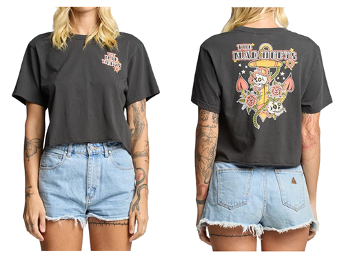 The Mad Hueys SKULL TATTOO WOMENS CROP SS TEE, VINTAGE BLACK