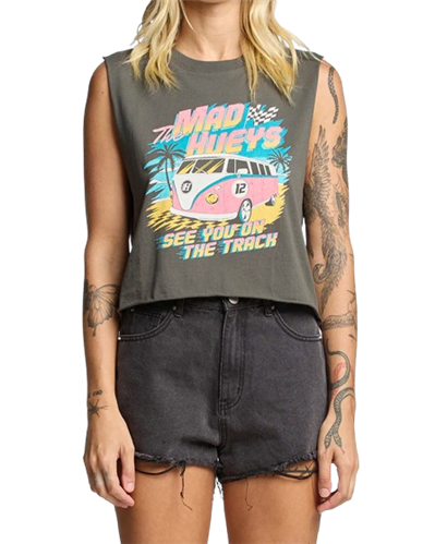 The Mad Hueys SEE YOU ON THE TRACK WOMENS CROP MUSCLE, CHARCOAL