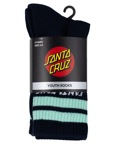 Santa Cruz YOUTH SOLID STRIP SPLICE CREW SOCK (3 PACK), NAVY-STRIPE-AQUA