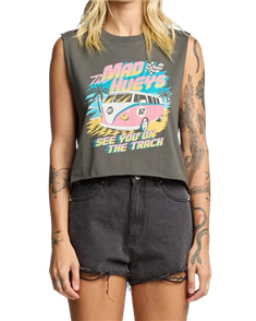 The Mad Hueys SEE YOU ON THE TRACK WOMENS CROP MUSCLE, CHARCOAL